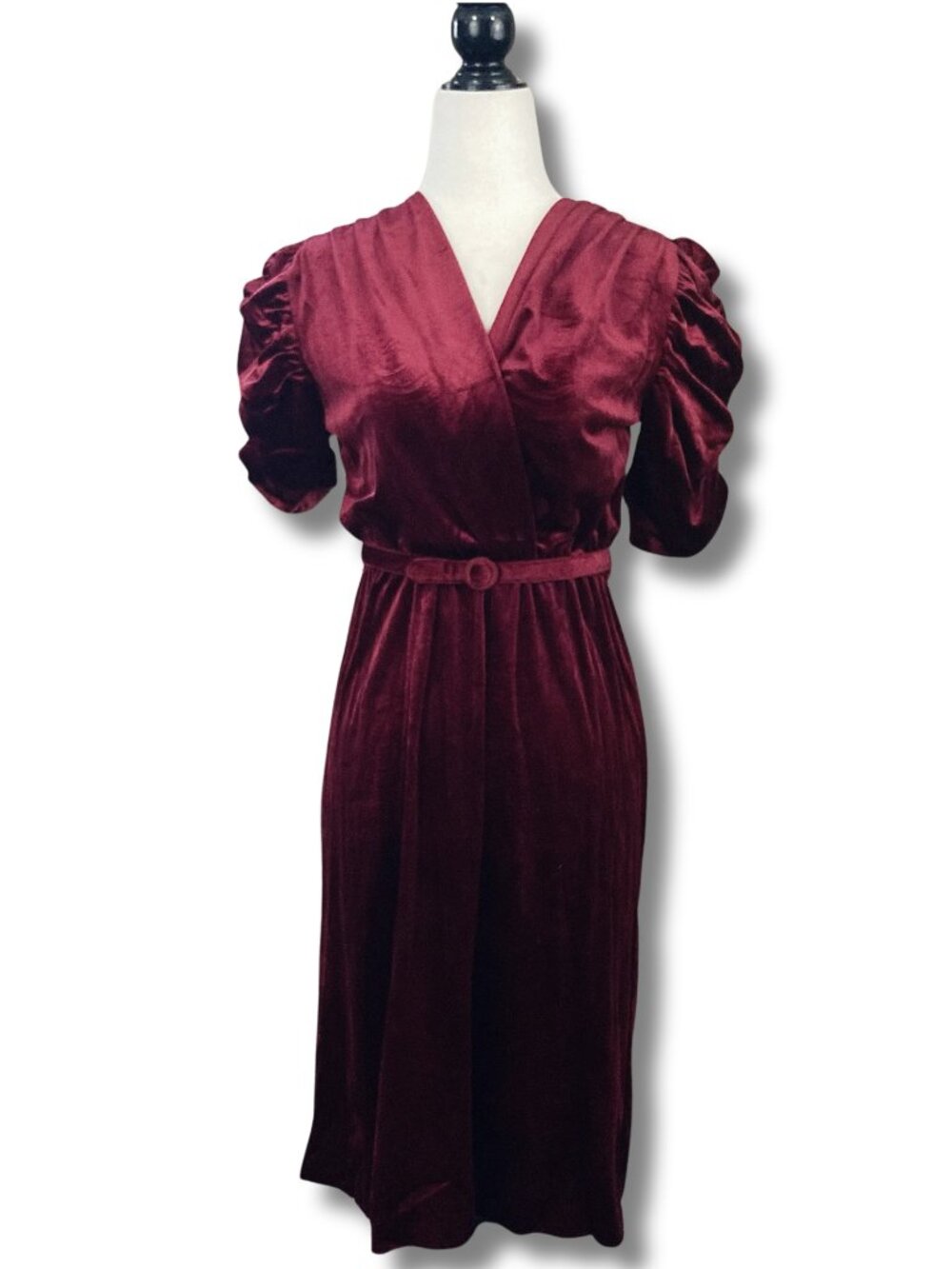 VINTAGE Burgundy velvet faux wrap a-line dress w/ poofy sleeves ~ Goth XS SMALL